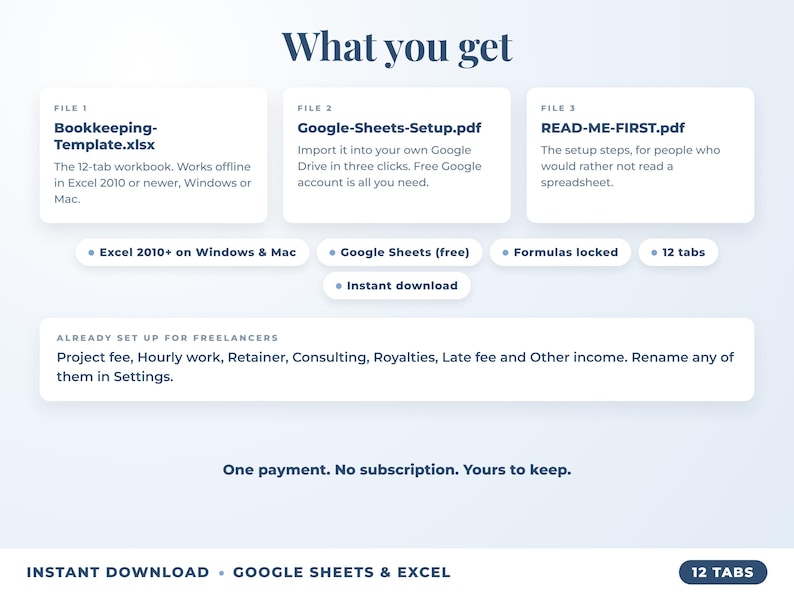 What is included: 12-tab Excel workbook, Google Sheets setup guide and read-me-first guide
