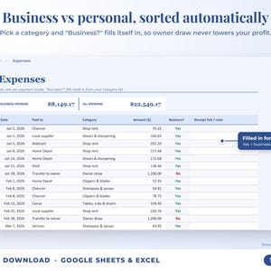 Expenses sheet where business or personal is filled in automatically from the category