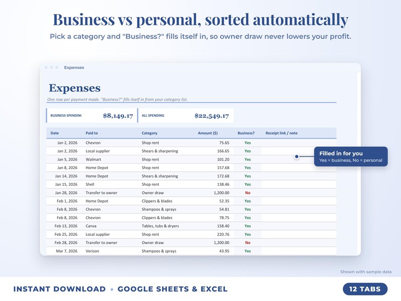 Expenses sheet where business or personal is filled in automatically from the category