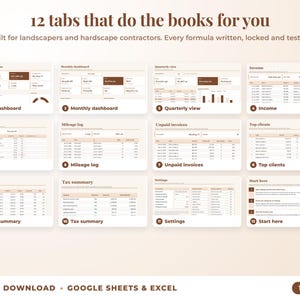 All 12 tabs of the bookkeeping spreadsheet: dashboards, income, expenses, mileage, unpaid invoices, top clients, tax summary