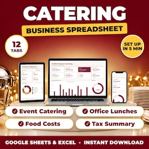 Catering bookkeeping spreadsheet for Google Sheets and Excel on laptop, tablet and phone