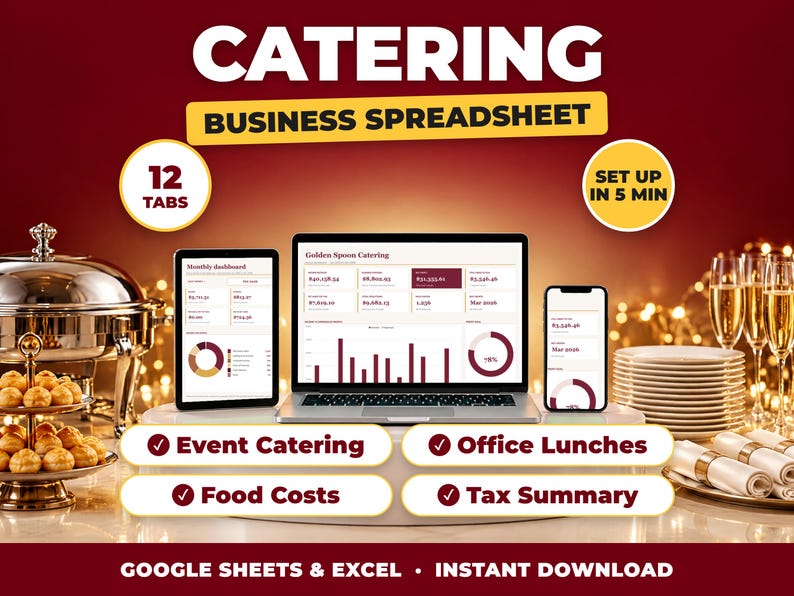 Catering bookkeeping spreadsheet for Google Sheets and Excel on laptop, tablet and phone