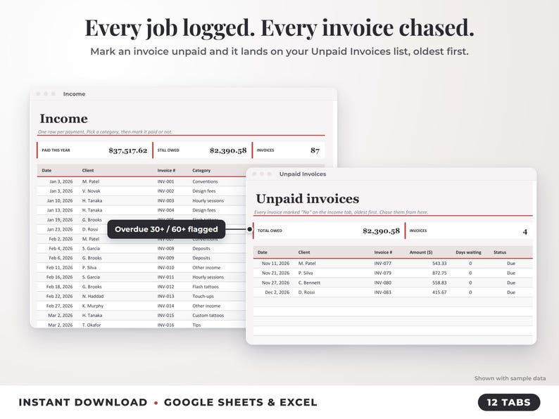 Income sheet and unpaid invoices list with overdue flags
