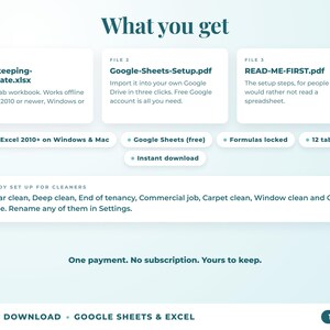 What is included: 12-tab Excel workbook, Google Sheets setup guide and read-me-first guide