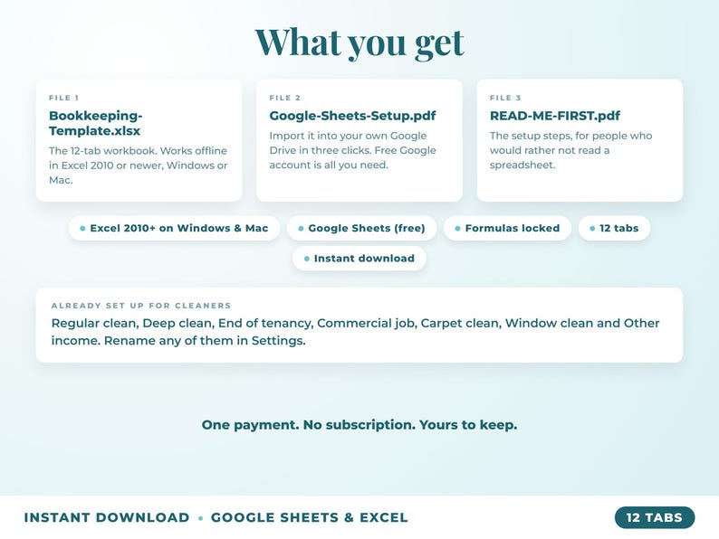 What is included: 12-tab Excel workbook, Google Sheets setup guide and read-me-first guide
