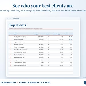 Top clients ranked by income with invoices, amount owed and share of income