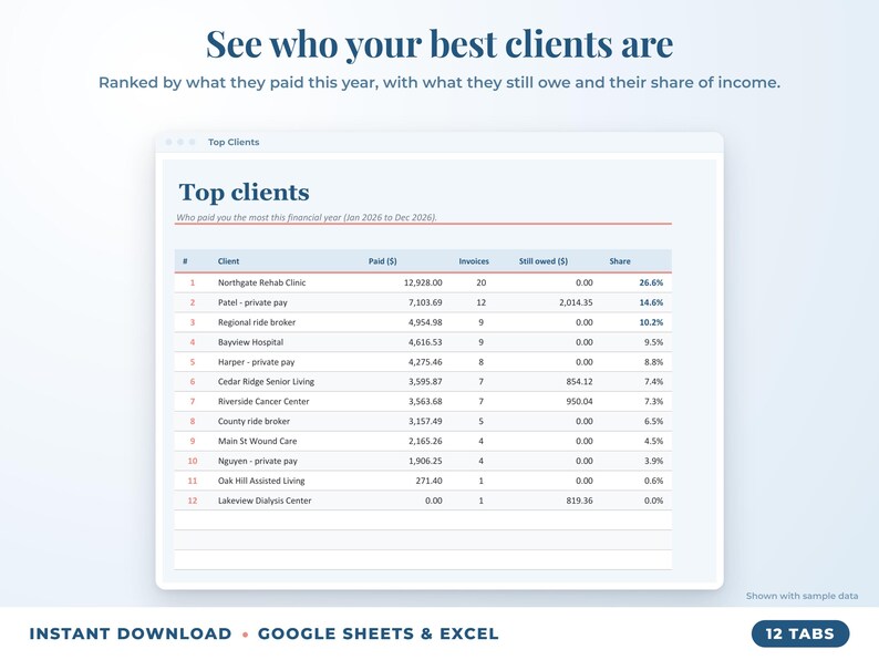 Top clients ranked by income with invoices, amount owed and share of income