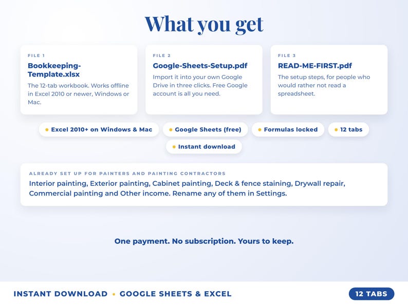 What is included: 12-tab Excel workbook, Google Sheets setup guide and read-me-first guide