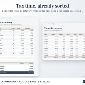 Tax summary with deductible totals, mileage deduction and suggested tax set-aside, plus monthly summary