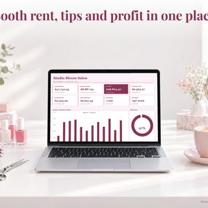 Salon & Beauty bookkeeping spreadsheet annual dashboard open on a laptop on a desk