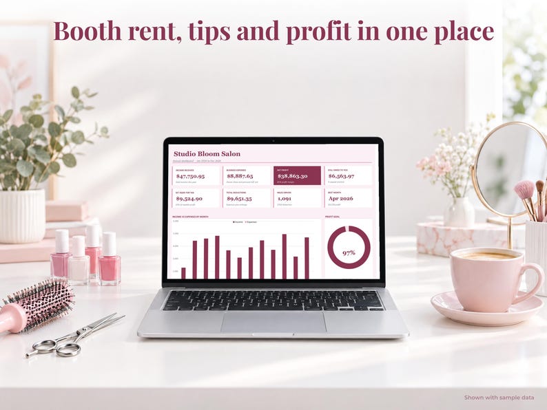 Salon & Beauty bookkeeping spreadsheet annual dashboard open on a laptop on a desk