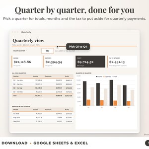 Quarterly view with quarter selector, quarterly totals, chart and tax set-aside