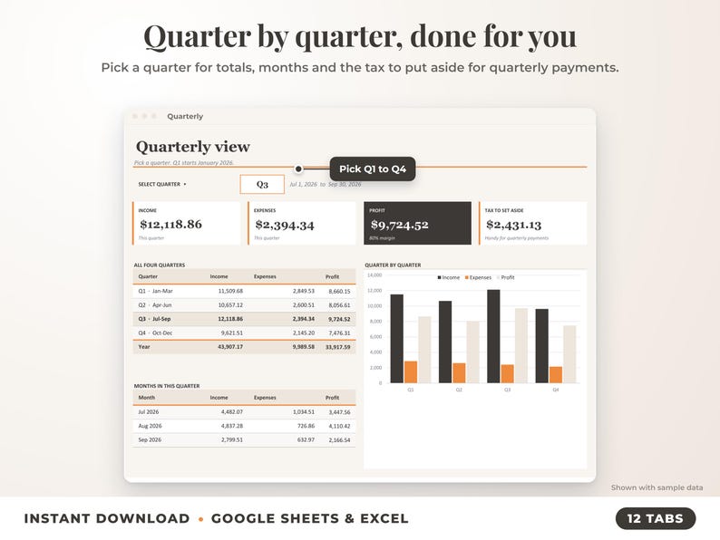 Quarterly view with quarter selector, quarterly totals, chart and tax set-aside