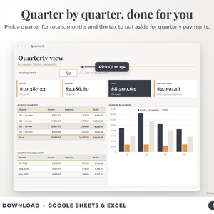 Quarterly view with quarter selector, quarterly totals, chart and tax set-aside