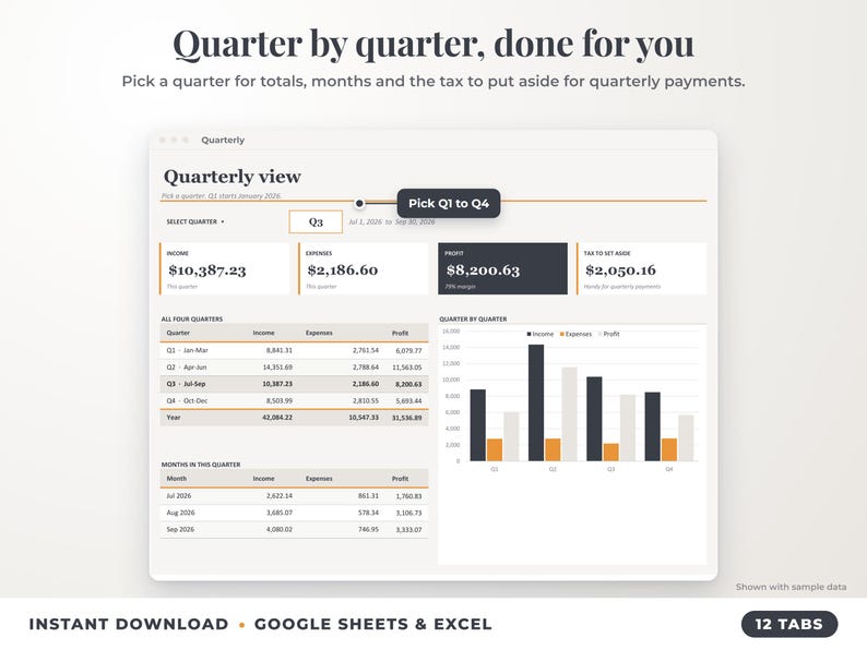 Quarterly view with quarter selector, quarterly totals, chart and tax set-aside