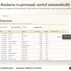 Expenses sheet where business or personal is filled in automatically from the category