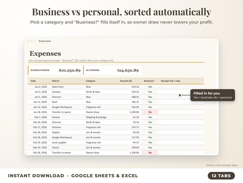 Expenses sheet where business or personal is filled in automatically from the category