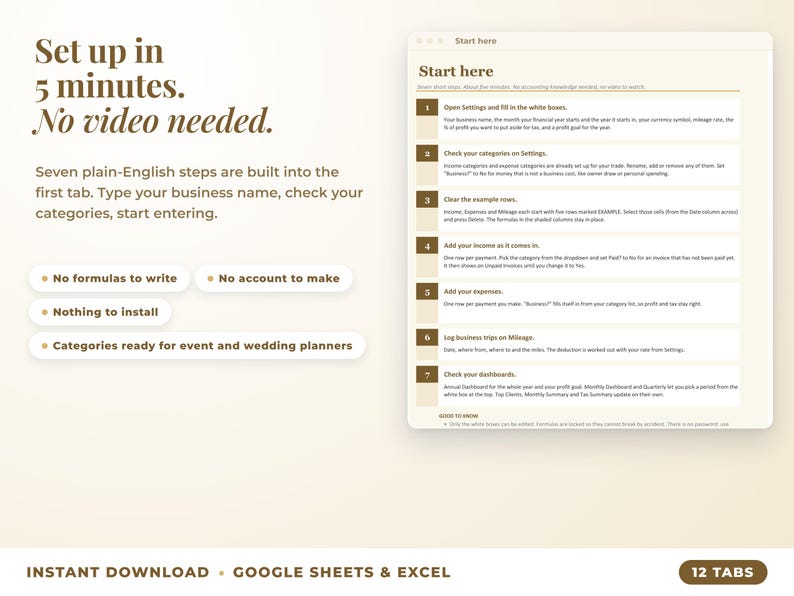 Start here tab with seven setup steps, no video needed