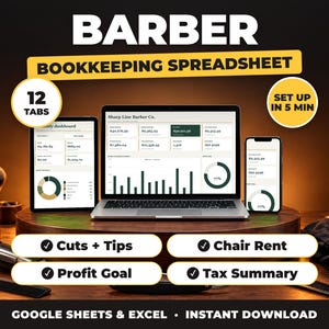 Barber bookkeeping spreadsheet for Google Sheets and Excel on laptop, tablet and phone