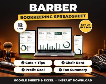 Kalkylblad för frisörbokföring, hyra och dricksregistrering för frisörstolar, inkomst- och utgiftsspårare för frisörsalong (Google Sheets + Excel)