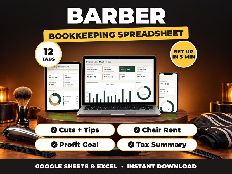 Barber bookkeeping spreadsheet for Google Sheets and Excel on laptop, tablet and phone