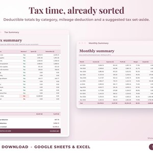 Tax summary with deductible totals, mileage deduction and suggested tax set-aside, plus monthly summary