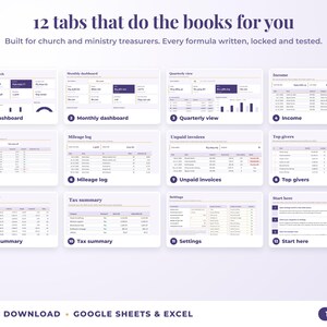 All 12 tabs of the bookkeeping spreadsheet: dashboards, income, expenses, mileage, unpaid invoices, top clients, tax summary