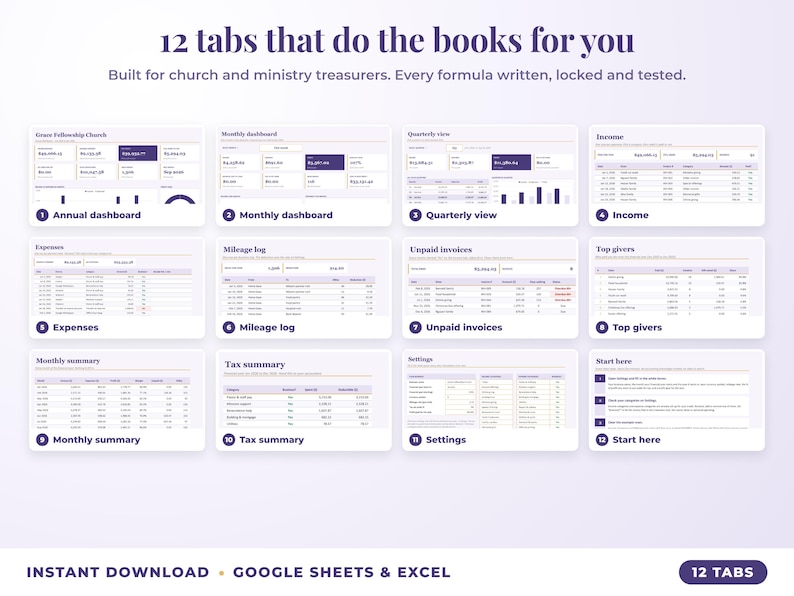 All 12 tabs of the bookkeeping spreadsheet: dashboards, income, expenses, mileage, unpaid invoices, top clients, tax summary