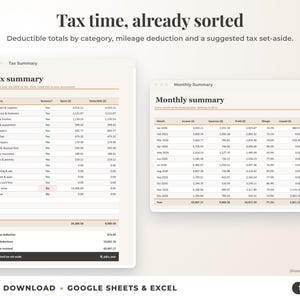 Tax summary with deductible totals, mileage deduction and suggested tax set-aside, plus monthly summary