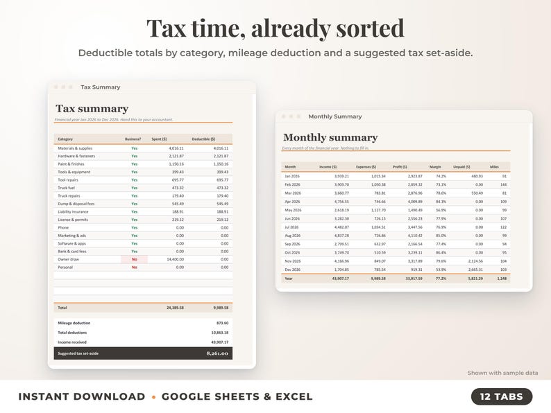 Tax summary with deductible totals, mileage deduction and suggested tax set-aside, plus monthly summary