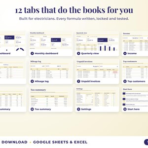 All 12 tabs of the bookkeeping spreadsheet: dashboards, income, expenses, mileage, unpaid invoices, top clients, tax summary