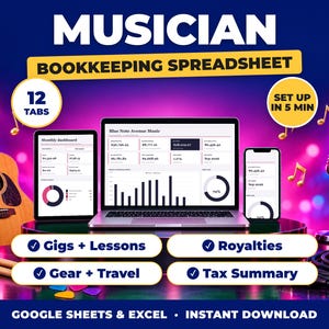 Musician Bookkeeping Spreadsheet, Gig Income and Expense Tracker, Music Teacher Lessons, Royalties, Tax Summary (Google Sheets + Excel)