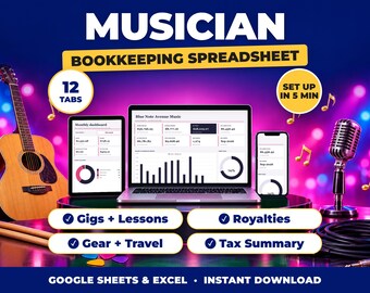 Buchhaltungstabelle für Musiker, Einnahmen- und Ausgabenverfolgung für Auftritte, Musikunterricht, Tantiemen, Steuerübersicht (Google Sheets + Excel)