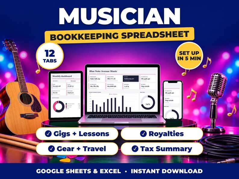 Musician bookkeeping spreadsheet for Google Sheets and Excel on laptop, tablet and phone