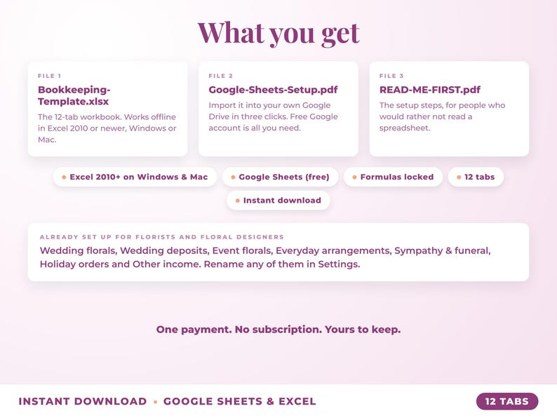 What is included: 12-tab Excel workbook, Google Sheets setup guide and read-me-first guide