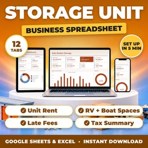 Storage Unit Business Spreadsheet, Self Storage Rent and Expense Tracker, Late Fees and RV Spaces, Tax Summary (Google Sheets + Excel)