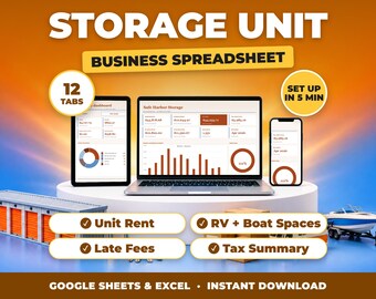 Storage Unit Business Spreadsheet, Self Storage Rent and Expense Tracker, Late Fees and RV Spaces, Tax Summary (Google Sheets + Excel)