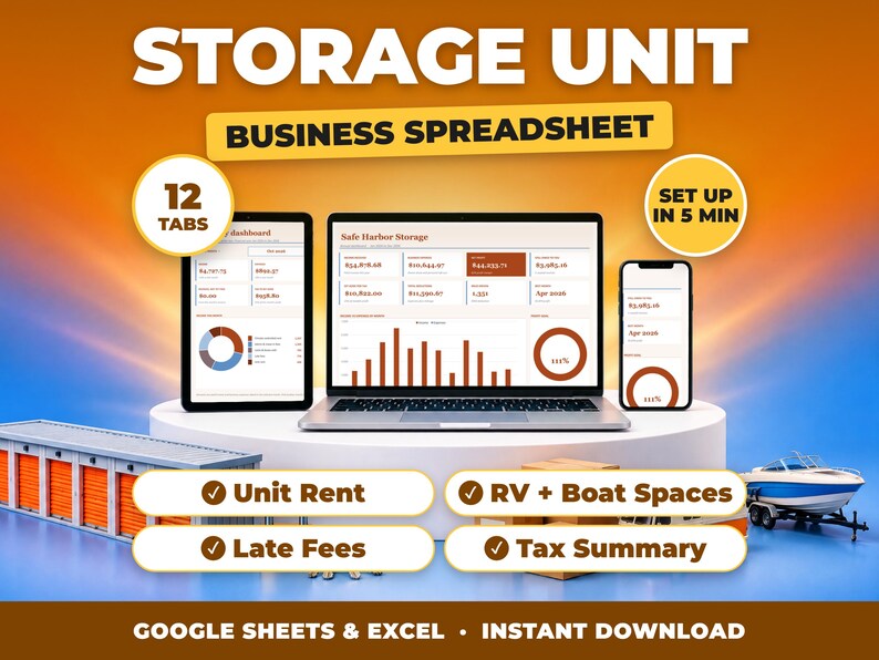 Storage Unit bookkeeping spreadsheet for Google Sheets and Excel on laptop, tablet and phone