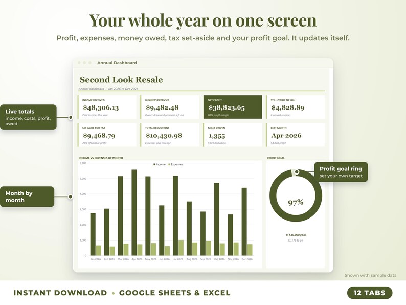Annual dashboard with income, expenses, net profit, money owed, profit goal ring and category charts