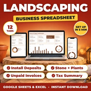 Landscaping bookkeeping spreadsheet for Google Sheets and Excel on laptop, tablet and phone