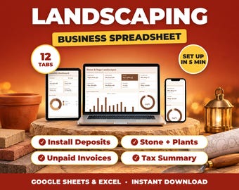 Kalkylblad för landskapsarkitekturföretag, bokföring för landskapsarkitekter, inkomst- och kostnadsspårning för trädgårdsarbete, skattesammanfattning (Google Sheets + Excel)