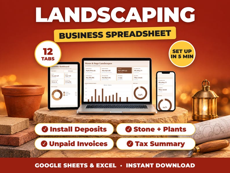 Landscaping bookkeeping spreadsheet for Google Sheets and Excel on laptop, tablet and phone