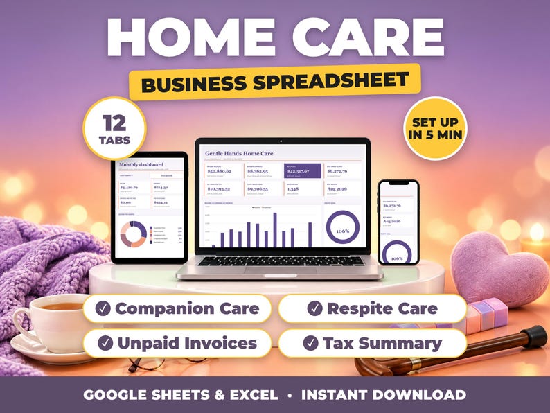 Home Care bookkeeping spreadsheet for Google Sheets and Excel on laptop, tablet and phone