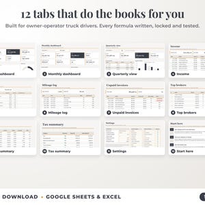 All 12 tabs of the bookkeeping spreadsheet: dashboards, income, expenses, mileage, unpaid invoices, top clients, tax summary
