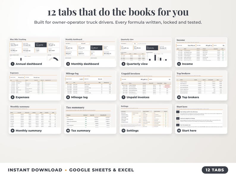 All 12 tabs of the bookkeeping spreadsheet: dashboards, income, expenses, mileage, unpaid invoices, top clients, tax summary