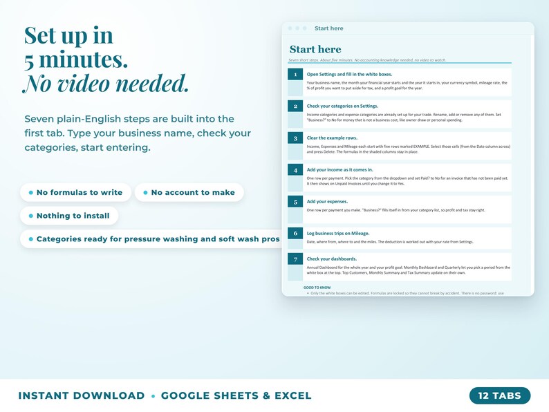 Start here tab with seven setup steps, no video needed