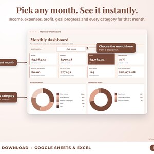 Monthly dashboard with a month dropdown, monthly profit, goal progress and category breakdown