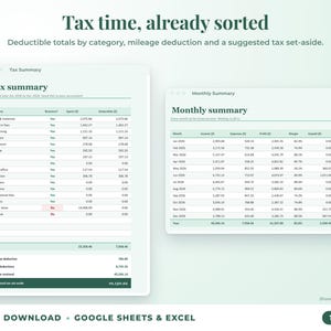 Tax summary with deductible totals, mileage deduction and suggested tax set-aside, plus monthly summary