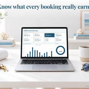 Short-Term Rental bookkeeping spreadsheet annual dashboard open on a laptop on a desk
