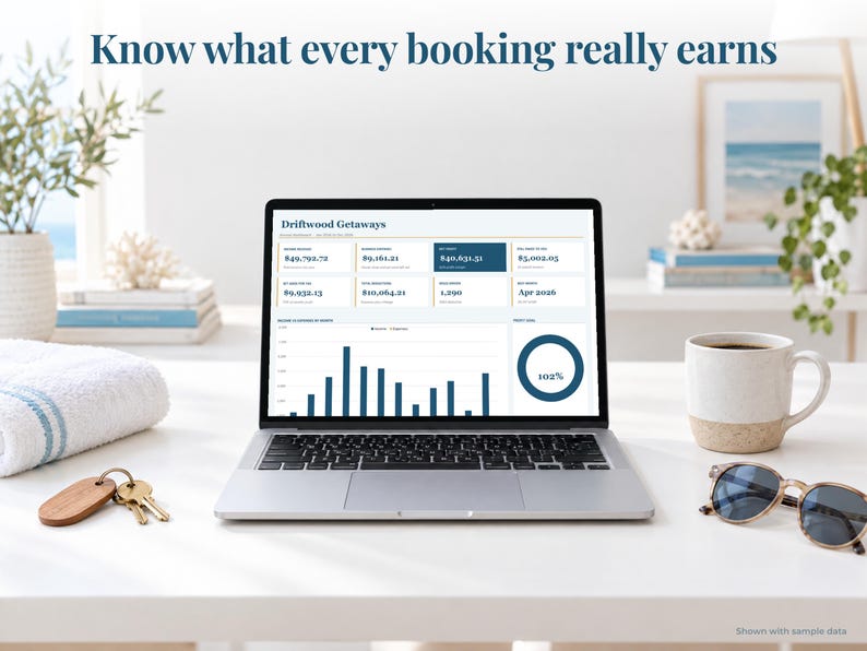 Short-Term Rental bookkeeping spreadsheet annual dashboard open on a laptop on a desk